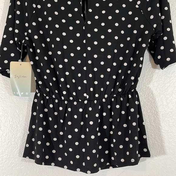 Lily White Black & White Polka Dot Top Blouse Front Knot Peplum Size Medium New - Picture 6 of 8